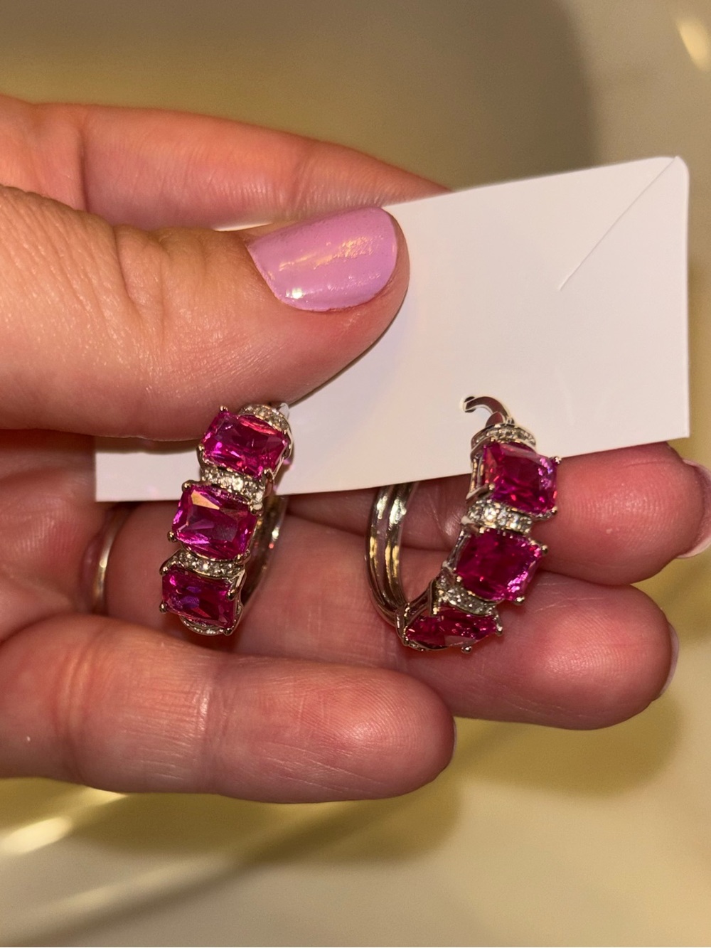 Pink Gemstone Hoop Earrings - Elegant Pink Crystal Hoops